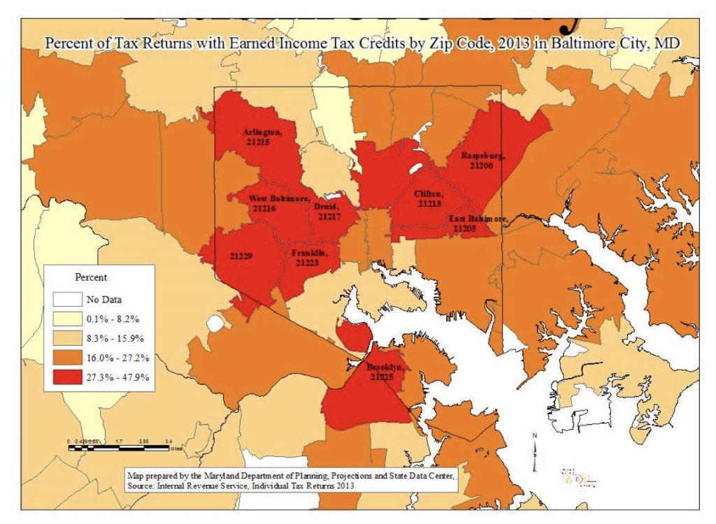 Demographics belie the wall between Baltimore City and Baltimore County. Here, Earned income Tax Credits show the "Black Butterfly", predominately Black communities in the city boundaries. (EIC by Zip Code, Maryland Department of Planning)