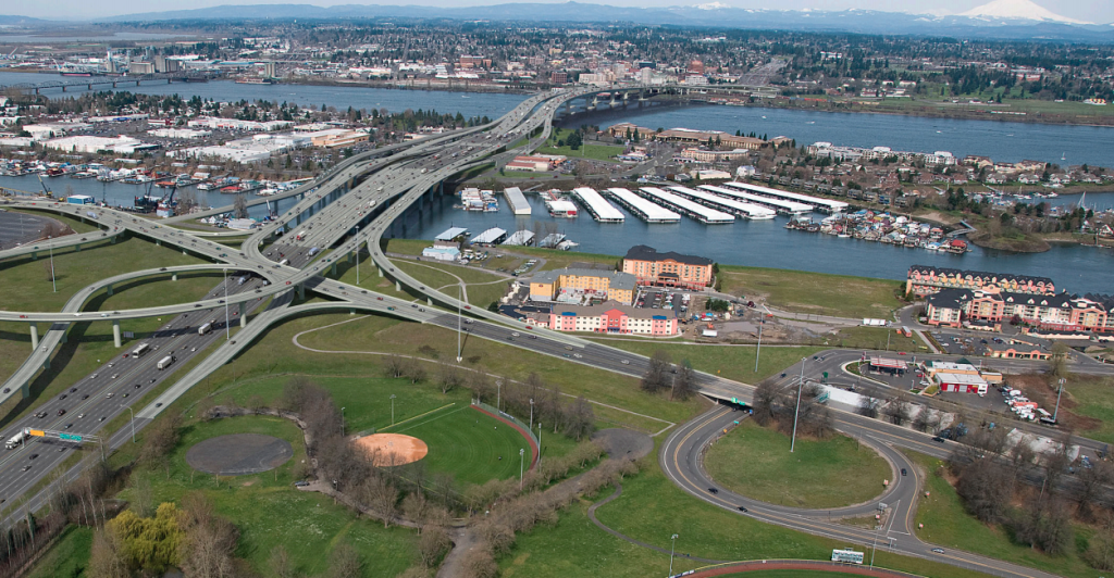 An aerial view of a large highway bridge.