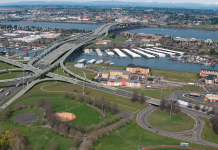 Columbia River Crossing Freeway Project Is Back An aerial view of a large highway bridge.