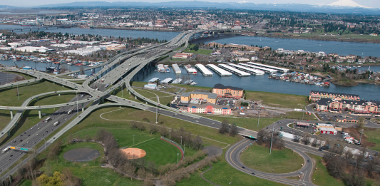 An aerial view of a large highway bridge.