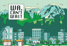 Call to Action: Send a Washington Can’t Wait Letter A drawing of a city with people in transit, biking, walking, rolling a wheelchair, and sitting in a park with mountains in background.