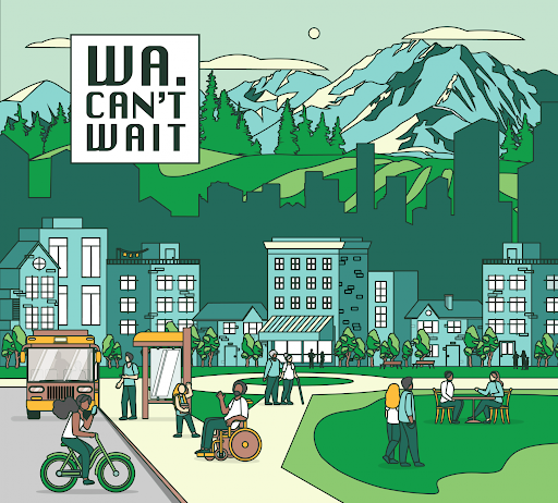 Call to Action: Send a Washington Can’t Wait Letter A drawing of a city with people in transit, biking, walking, rolling a wheelchair, and sitting in a park with mountains in background.