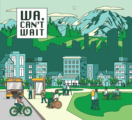 A drawing of a city with people in transit, biking, walking, rolling a wheelchair, and sitting in a park with mountains in background.