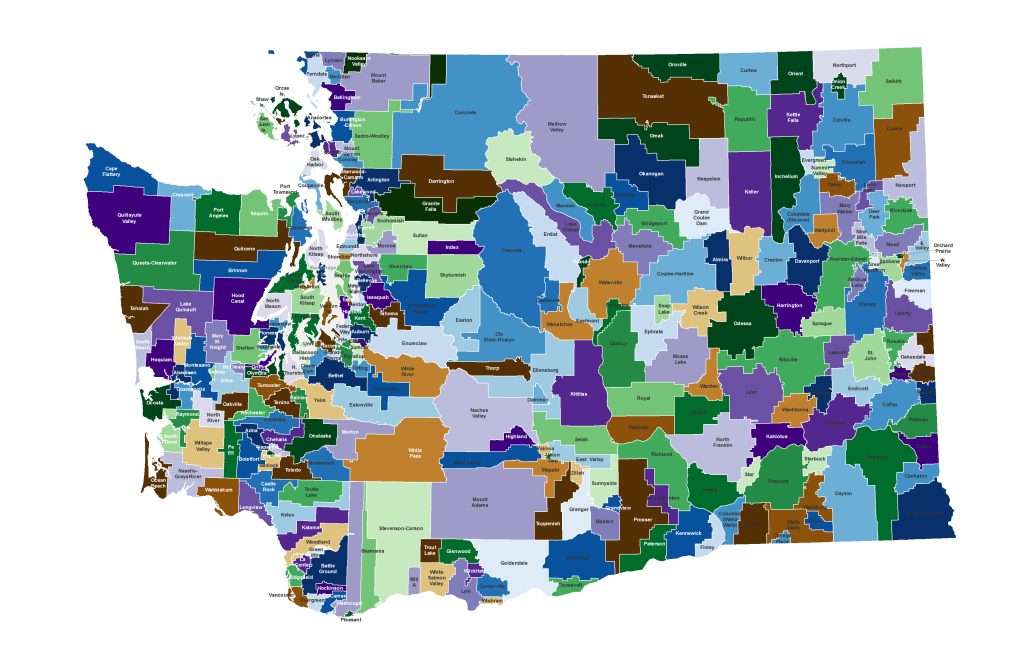 A map of Washington state's patchwork 100+ school districts.