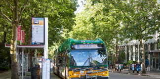 A photo of a King County Metro bus pulling into a bus station on a tree-lined street.