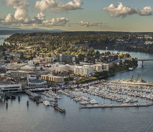 Bremerton Becomes Latest Washington City to Ditch Parking Mandates Bird's eye view of downtown Bremerton with the marina and some midrise buildings in the foreground.