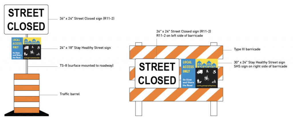 The new barrel and barricade Stay Healthy Streets signs that SDOT is rolling out. (City of Seattle)