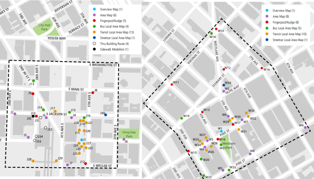 The two pilot areas. Jackson Hub on the left, Westlake Hub on the right. (City of Seattle)