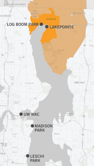 A map of the ferry routes studied with Kenmore at the northern tip of Lake Washington.