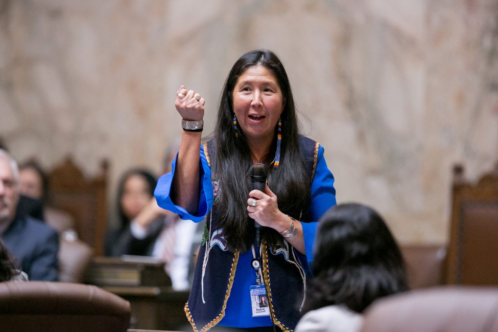 Representative Debra Lekanoff (D-40) speaks in the House of Representatives as it convenes to honor Reverend Dr. Martin Luther King Jr. with HR 4602, January 21, 2019. (LD40 Media Office)