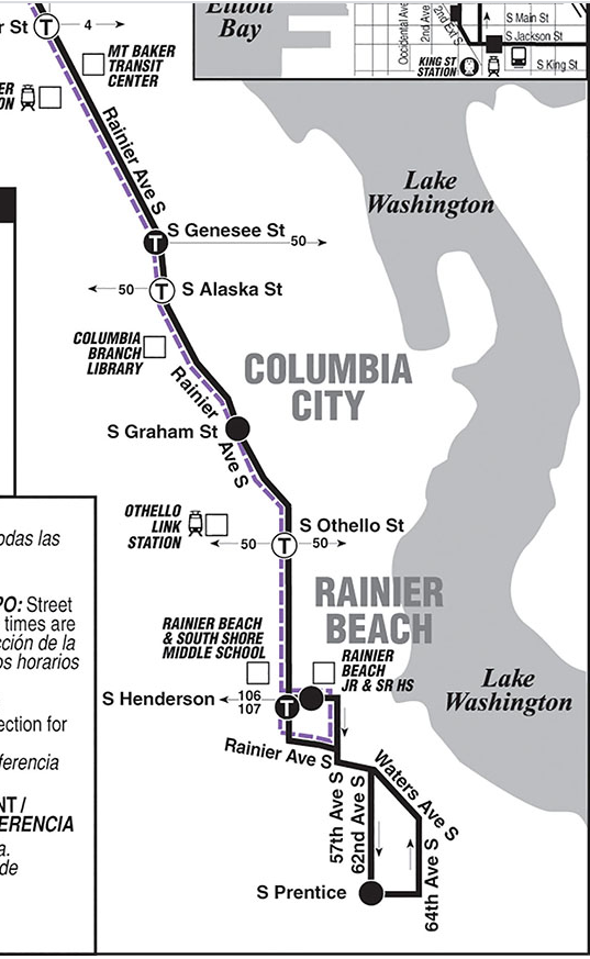 Metro's route map shows the 7 running down Rainier Avenue S through Columbia City and Rainier Beach and doing the Prentice loop at its southern terminus.