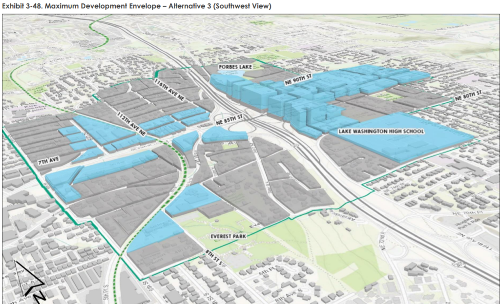 Alternative 3's massing is focused around the I-405 interchange, but fairly dense throughout the station area. (Credit: Mithun / BERK)