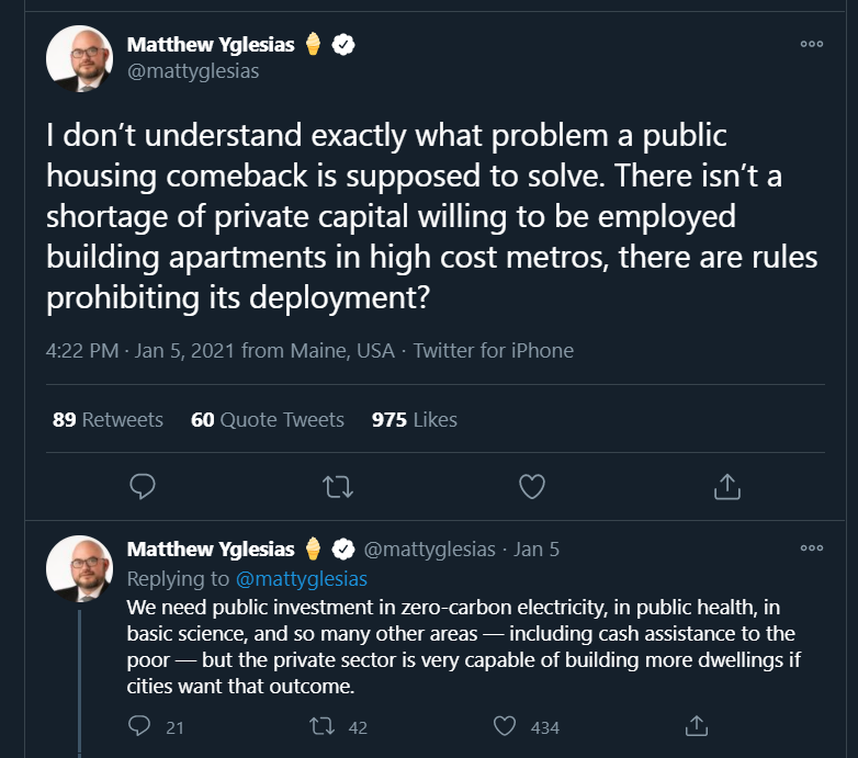 Matt Yglesias tweeted "I don’t understand exactly what problem a public housing comeback is supposed to solve. There isn’t a shortage of private capital willing to be employed building apartments in high cost metros, there are rules prohibiting its deployment? We need public investment in zero-carbon electricity, in public health, in basic science, and so many other areas — including cash assistance to the poor — but the private sector is very capable of building more dwellings if cities want that outcome." 