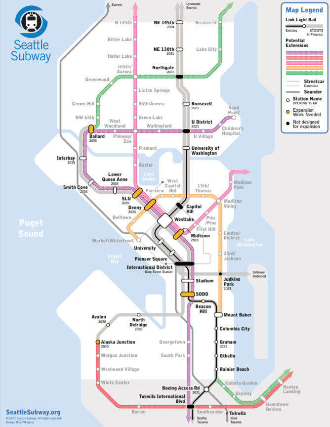 Seattle Subway's Seattle map include extensions of Ballard Link to Lake City, West Seattle Link to the airport and Renton, a new Metro 8, and the Aurora Line.