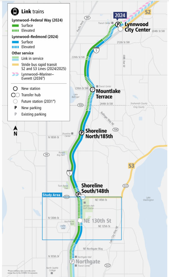 A box highlights the southern quadrant of Lynnwood Link corridor as the study area.