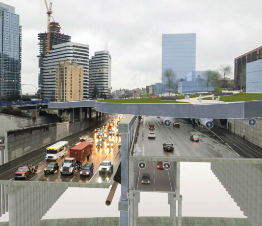 8 Takeaways from Seattle’s Lid I-5 Feasibility Study A park-like is shown over the freeway trench in this cross section.