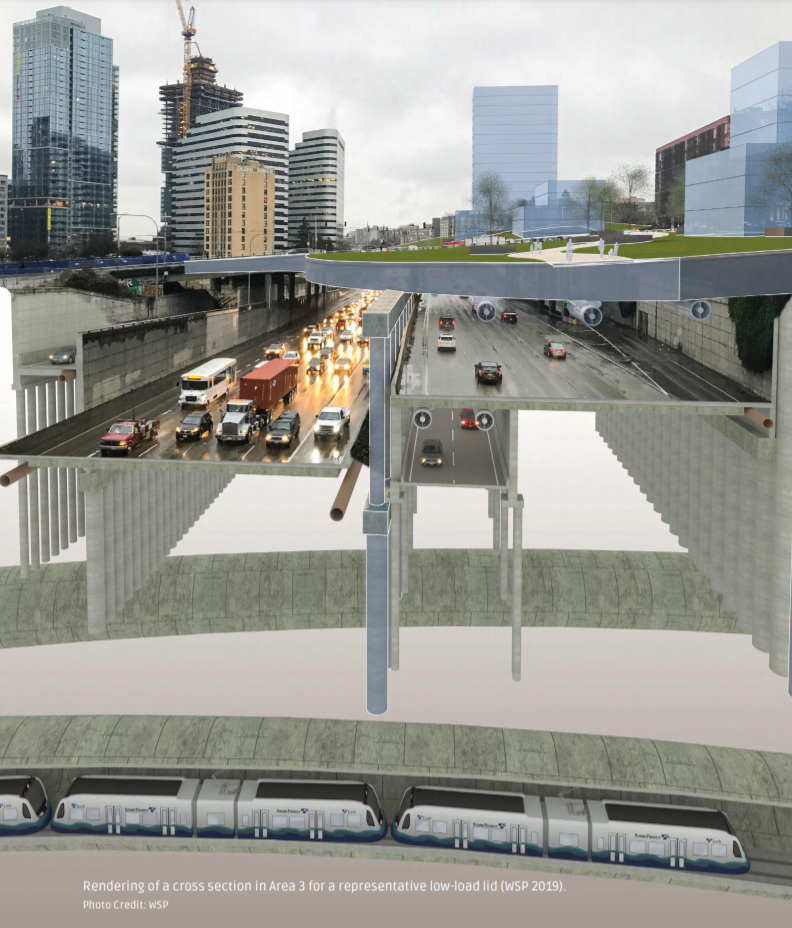 A cross section of I-5 showing light rail in a tunnel, the freeway trench, and a lid over top with the skyline in the background.