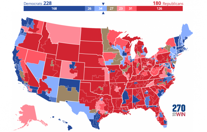 270toWin's House projection map showed likely Democrat, Republican, and tossup seats ahead of the 2020 election.