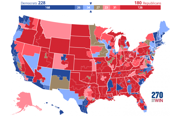 270toWin's House projection map showed likely Democrat, Republican, and tossup seats ahead of the 2020 election.