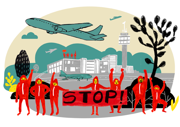 Red silhouettes of protesters in front of an airport with a plane taking off.