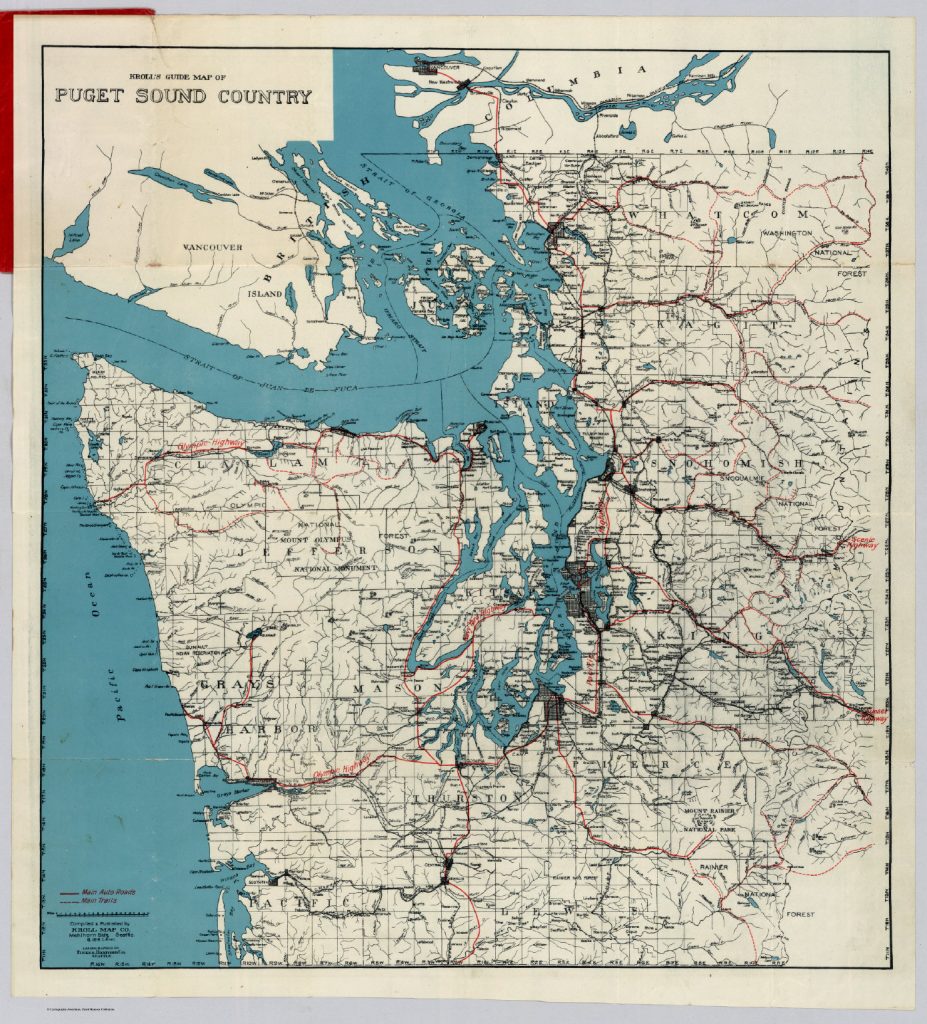 Historic map shows the Puget Sound Region with roads and urban development as of 1919. Seattle, Tacoma, and Bellingham jump out, but not much else.