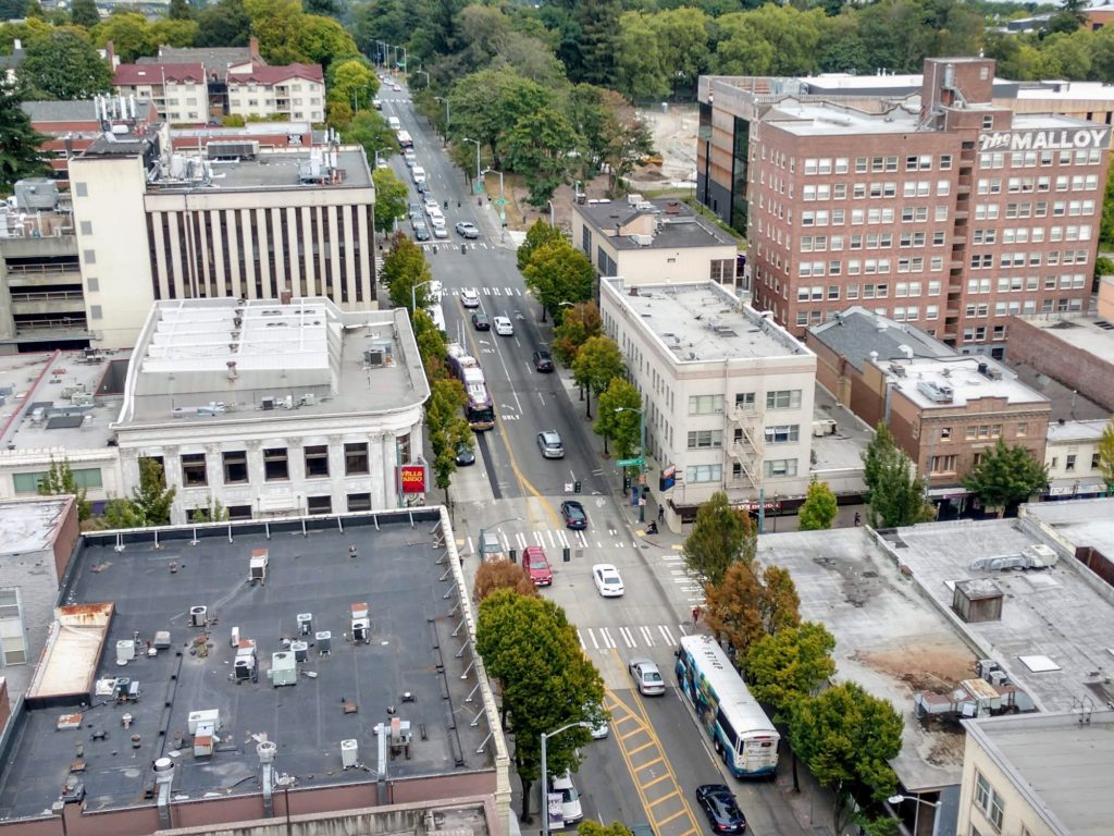 Aeriel view of NE 45th Street looking east from rooftop at Mountaineers Club.