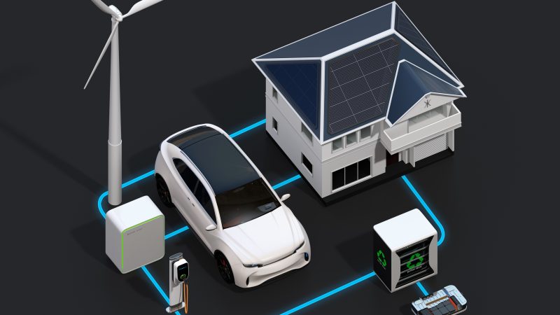 A graphic showing an electric car plugged into a grid with a wind turbine and a building with solar panels on its roof.