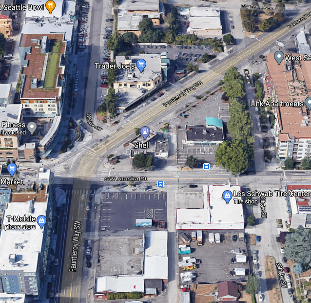 A satellite image of West Seattle Junction at the Fauntleroy "kink" at Alaska Street.