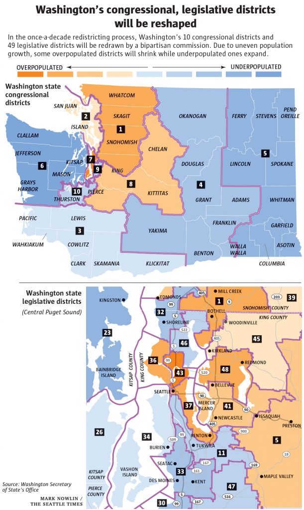 A map showing Congressional districts and state legislative districts in a gradient of overpopulated versus underpopulated for purposes of redistricting.