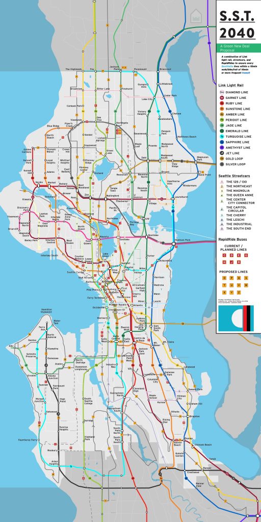 Map of Seattle with massive transit upgrade covering the entire city in light rail lines.