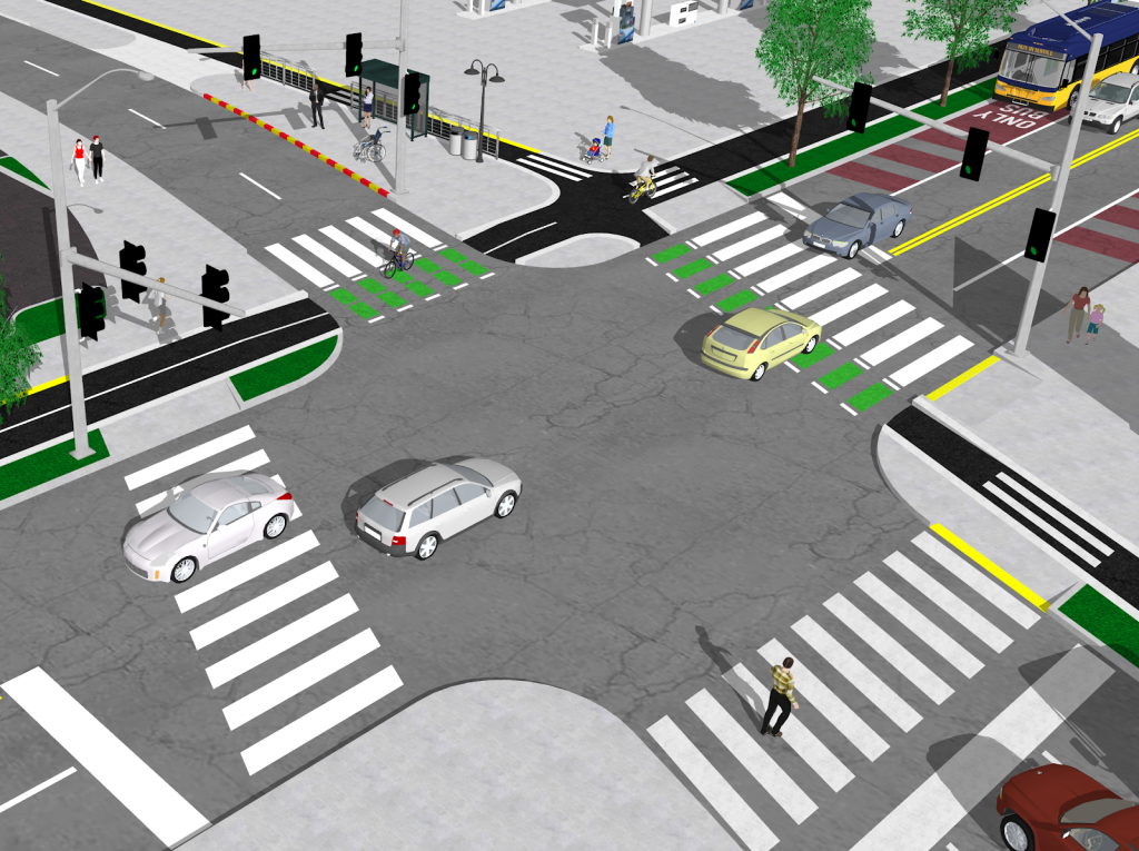 A protected intersection treatment to help get bicyclists through a busy intersection.