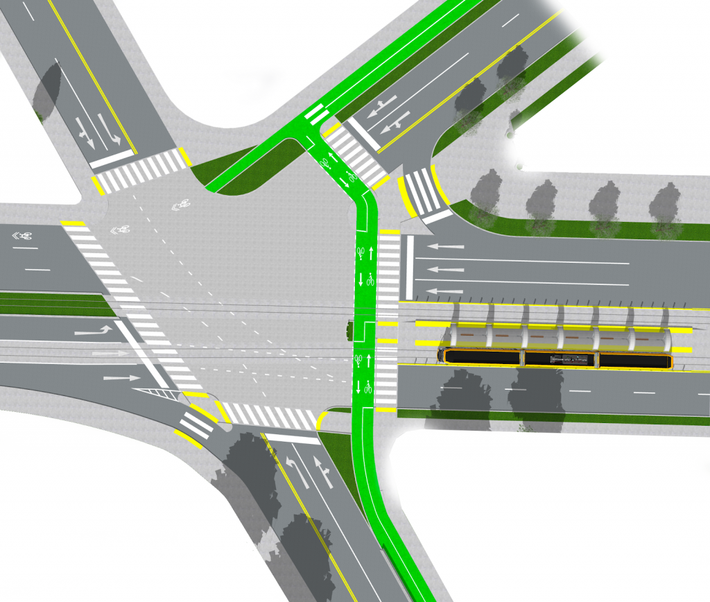 Overview rendering of the 5-way intersection of Union Bay Place NE/Mary Gates Memorial Drive, NE 35th Street, and NE 45th Street.