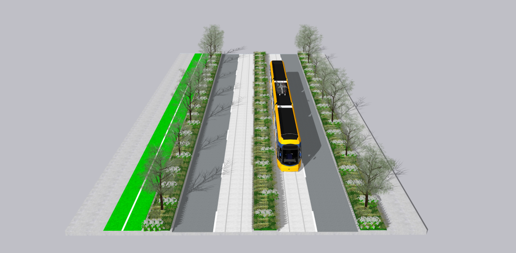 My proposed street section for Sand Point Way, featuring a protected bi-directional raised cycle track, narrower lane widths of 11 feet (bus/freight friendly), widened sidewalks, and a streetcar line. (Rendering courtesy of Joe Mangan/SketchUp Software).