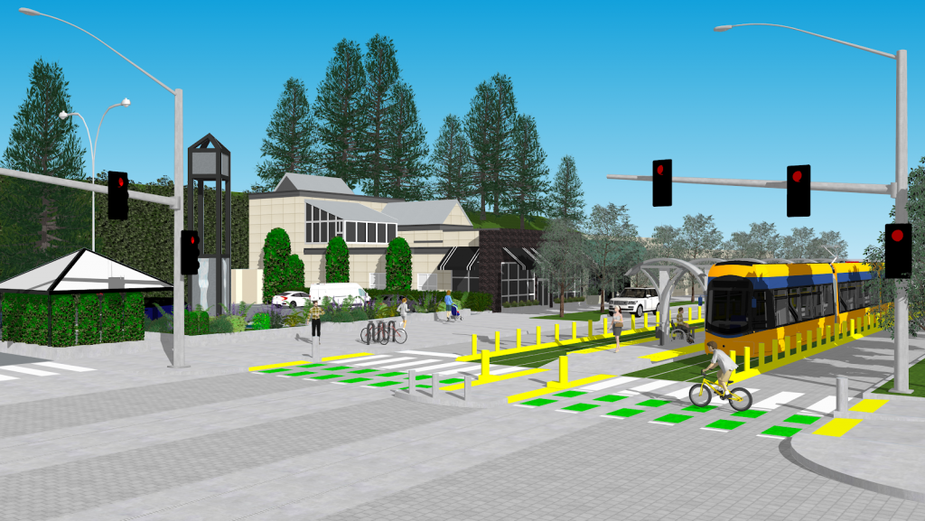Streetcar station at the intersection of Princeton Avenue with Sand Point Way. Bike crossings along the corridor should be designed to facilitate safe crossings for cyclists over the rails at every intersection..