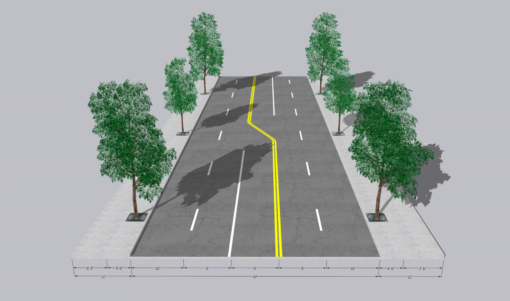 Rendering shows two travel lanes in each direction and a center turn lane.