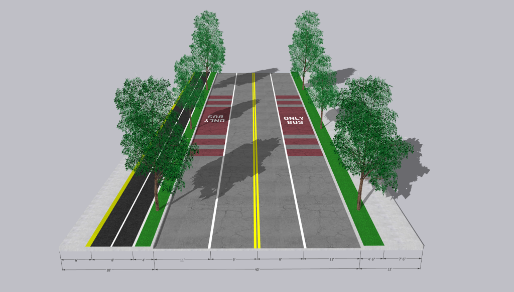 Rechannelized street with a bus lane and general purpose lane in each direction. Instead of center turn lane there is a two-way protected bike lane.