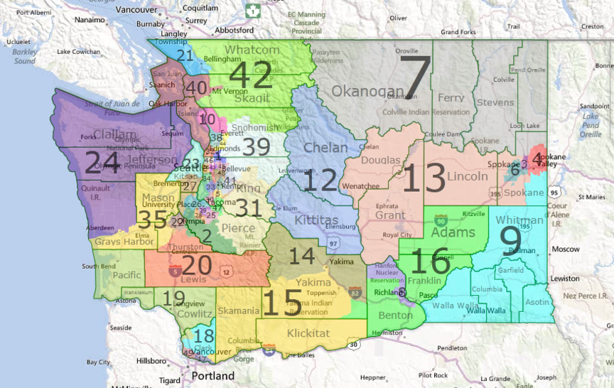 A map of Washington state with the 39 counties and 49 legislative districts indicated.