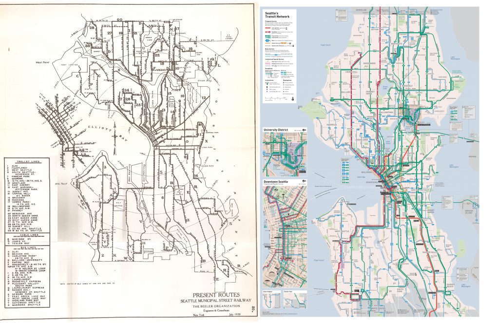 Looking at the streetcar network and the bus network side by side paints a picture that we never lost a system, but rather, replaced it. (Streetcar image source: Seattle C.J. Bus network source: Seattle Transit Map.)