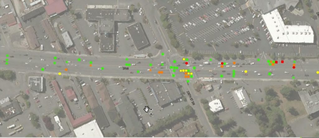 Example crash diagram of 240th St SW to 236th St SW between 2017 and 2019. Yellow dots represent pedestrian hits. Red spots indicate injury. (Credit: City of Edmonds)