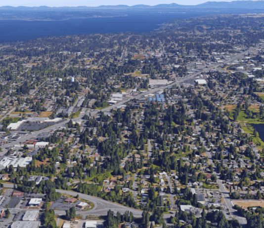 Edmonds Is Planning SR-99 Corridor Safety Improvements, Some Benefiting Pedestrians and Bikes Aerial of the SR-99 corridor in Edmonds which is a strip of density in a sea of mostly single family homes.