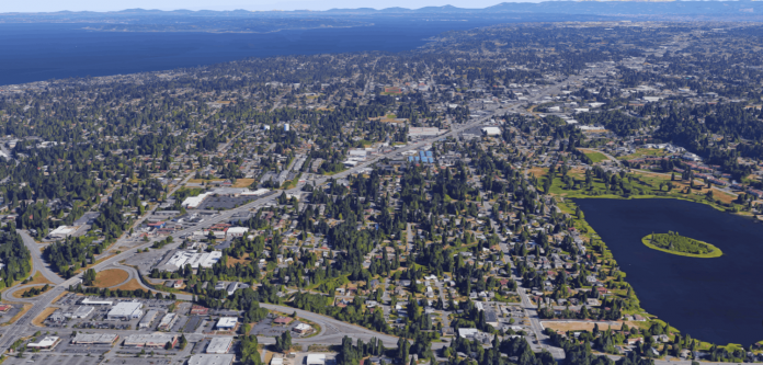 Aerial of the SR-99 corridor in Edmonds which is a strip of density in a sea of mostly single family homes.