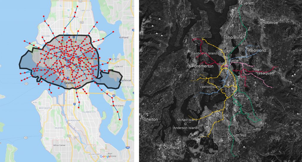 Paris Métro subway system (left) and Paris RER system (right) overlaid to scale on Seattle and the Greater Seattle Metro area really give a sense of scale that our city is clearly not out of space. The RER acts as a larger regional network that Link light rail serves while our bus network can be an urban workhorse like the Paris Métro. (images by the author)
