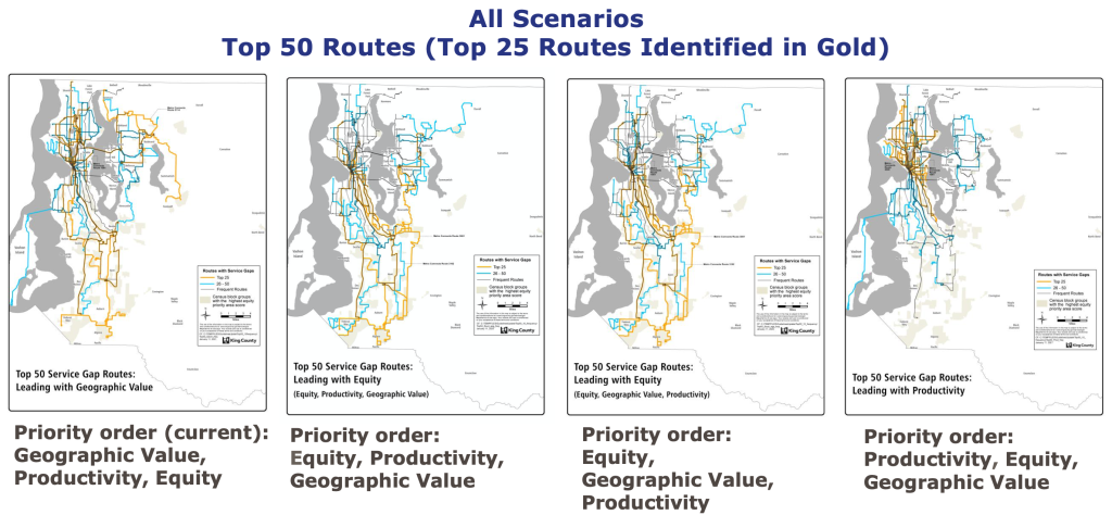 Maps comparing how priority values ordered results in different routes being identified as the highest priority for service investment. Click for larger view. (King County)