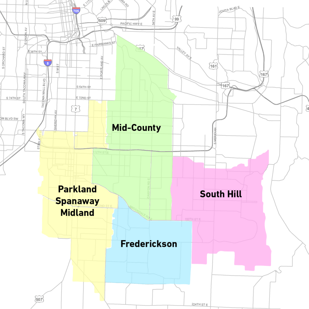 The relationship of the four communities covered by the planning process. (Credit: Pierce County)