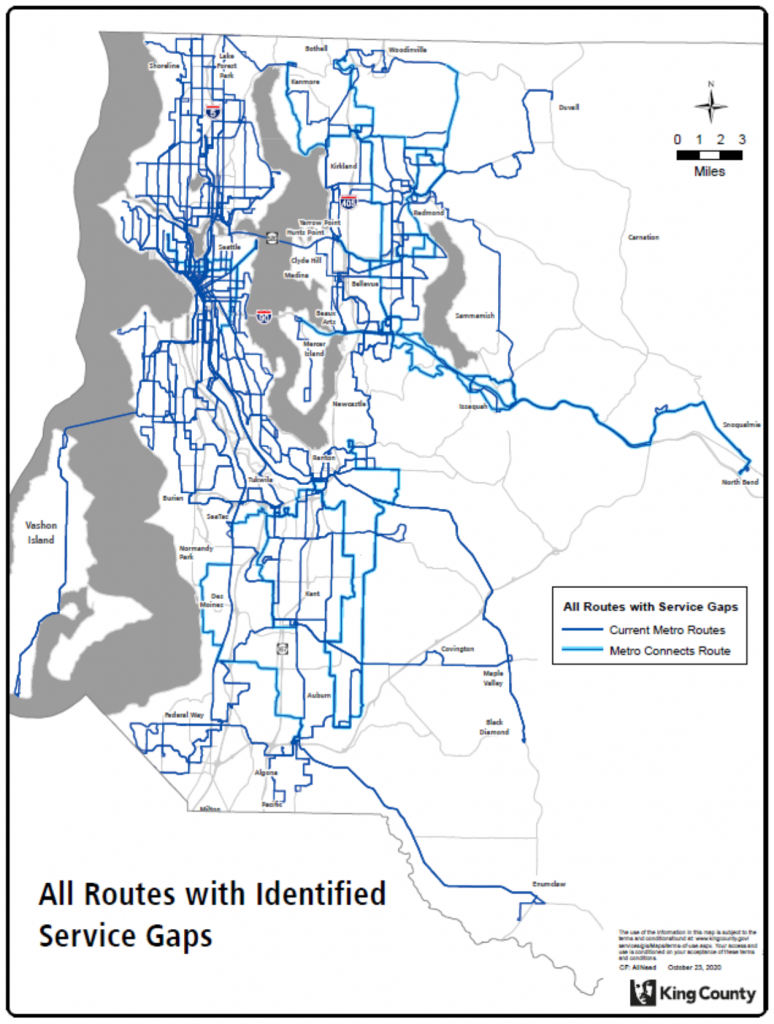 This map shows scores of routes in the Metro network that have service gaps needing to be addressed. Metro targets high quality, frequent service routes, but under the service guidelines all route are targeted for a minimum hourly frequency. Click for larger view. (King County)