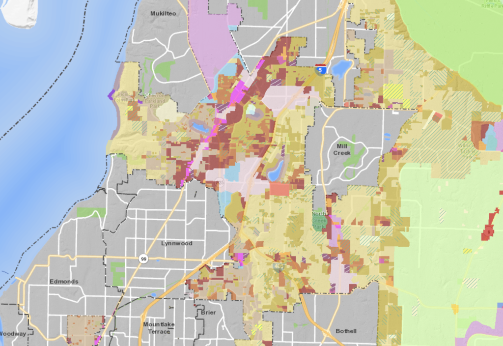 Zoning map of the Snohomish County Southwest Urban Growth Area. Dark brown areas are MR and light brown areas are LDMR. Purple, pink, and orange areas are commercial zones. (Snohomish County)