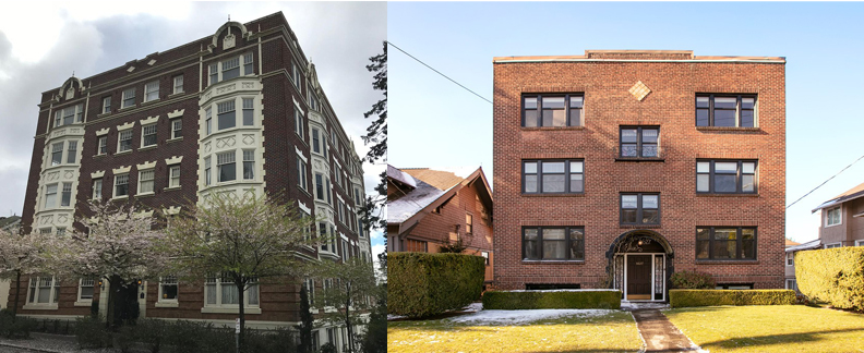The Narada Apartments and nearby six-plexes add to Queen Anne’s neighborhood character and are nothing more than simple boxes with multiple units and rich materials. (Left Image: Zillow; Right Image: Redside Partners)