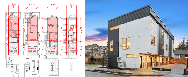 Brooklyn’s Brownstones are narrow and deep, allowing for more full-sized living spaces and less vertical living. Seattle’s townhouses cram everything in narrow and shallow footprints to accommodate parking and limiting lot coverages by code. (Left Image: By the Author; Right Image: Redfin)