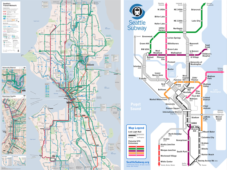 Our bus system is robust and connects all of Seattle where the more regional Link cannot reach. Sound Transit 4 will upgrade many of these routes and allow our bus upgrades to be used on other lines. (Left Image: Transit Map; Right Image: Seattle Subway)