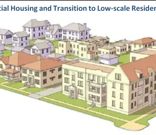 Home in Tacoma Project Chugs toward Citywide Zoning Overhaul Illustration of low scale and mid scale housing, showing some 4-story buildings next to single family.